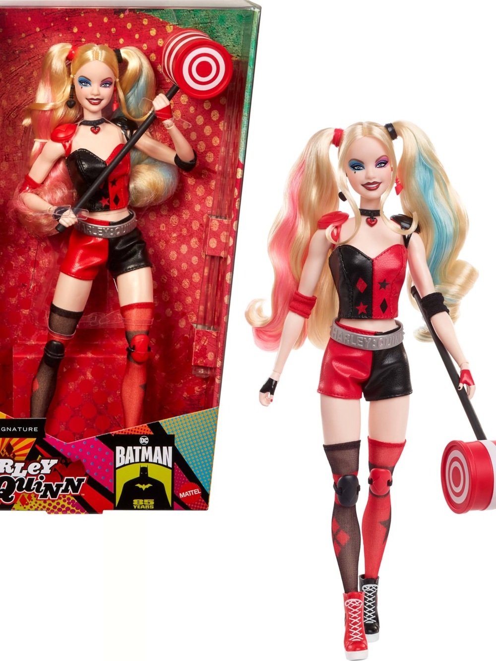 Barbie Harley Quinn Doll in Red, Black & Blonde with Blue and Pink Tips